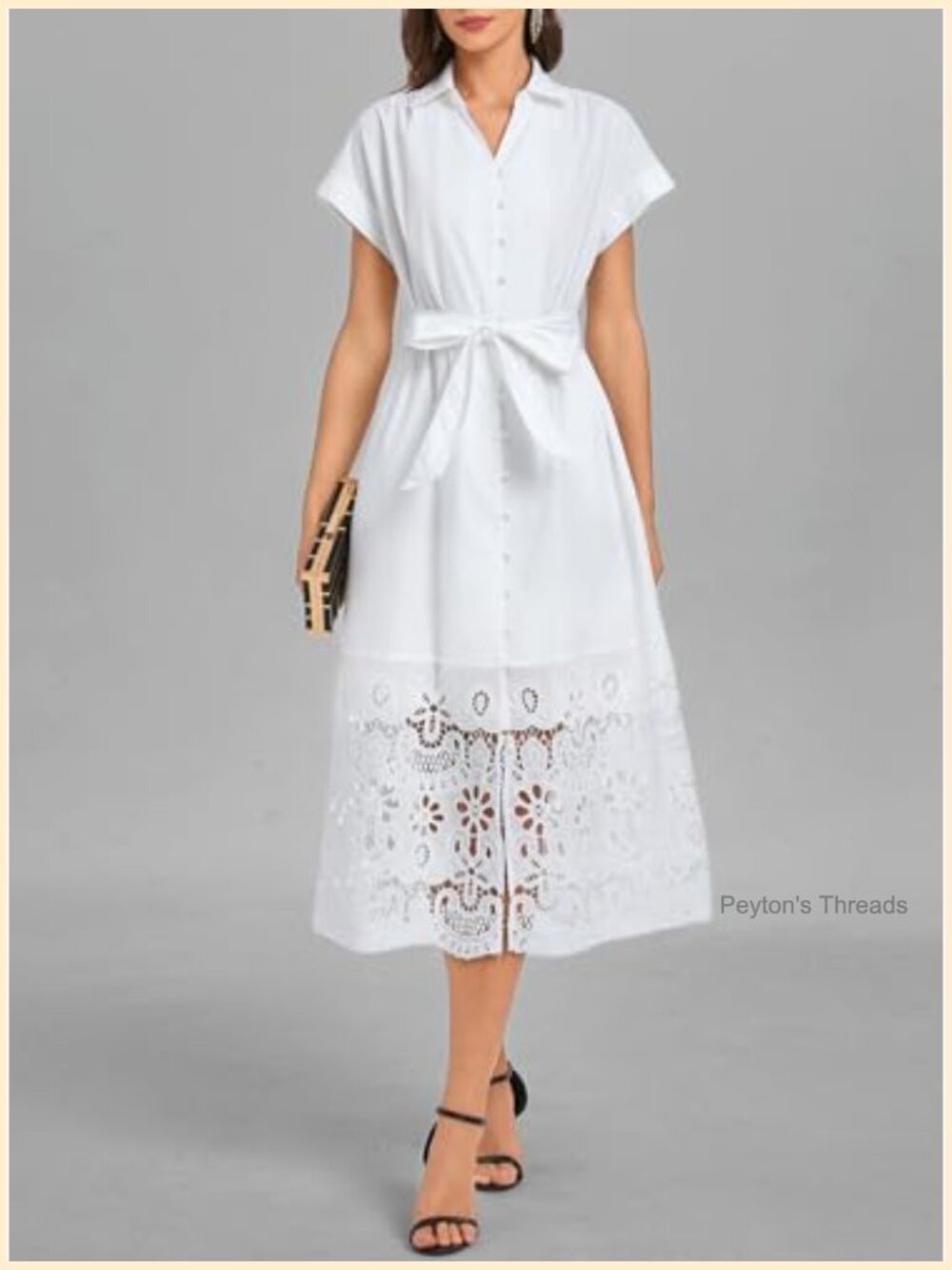 Button Down Shirt Dress Belted Short Sleeve Midi A-Line Business Dress - Picture 5 of 7